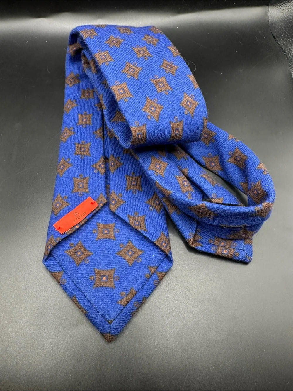 ISAIA Wool Cobalt Tie with Brown Medallion